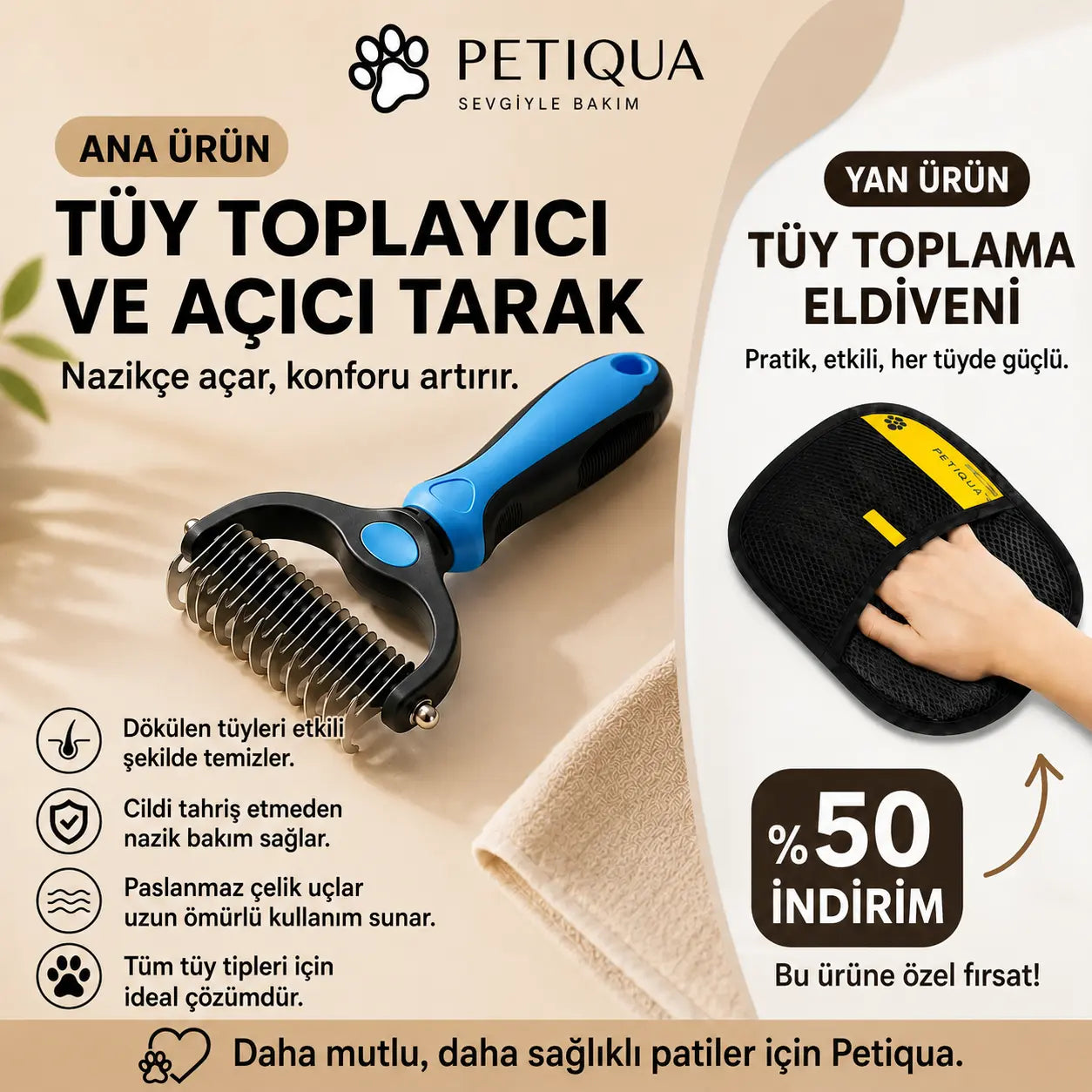 Petiqua Çift Taraflı Profesyonel Evcil Hayvan Tüy Toplama Tarağı